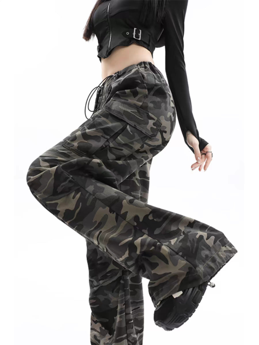 Camouflage women's cargo pants, wide leg high-waisted style, close-up on waistband