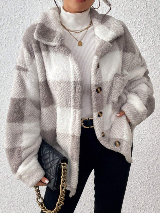 Women's plaid plush shacket in light gray, front view