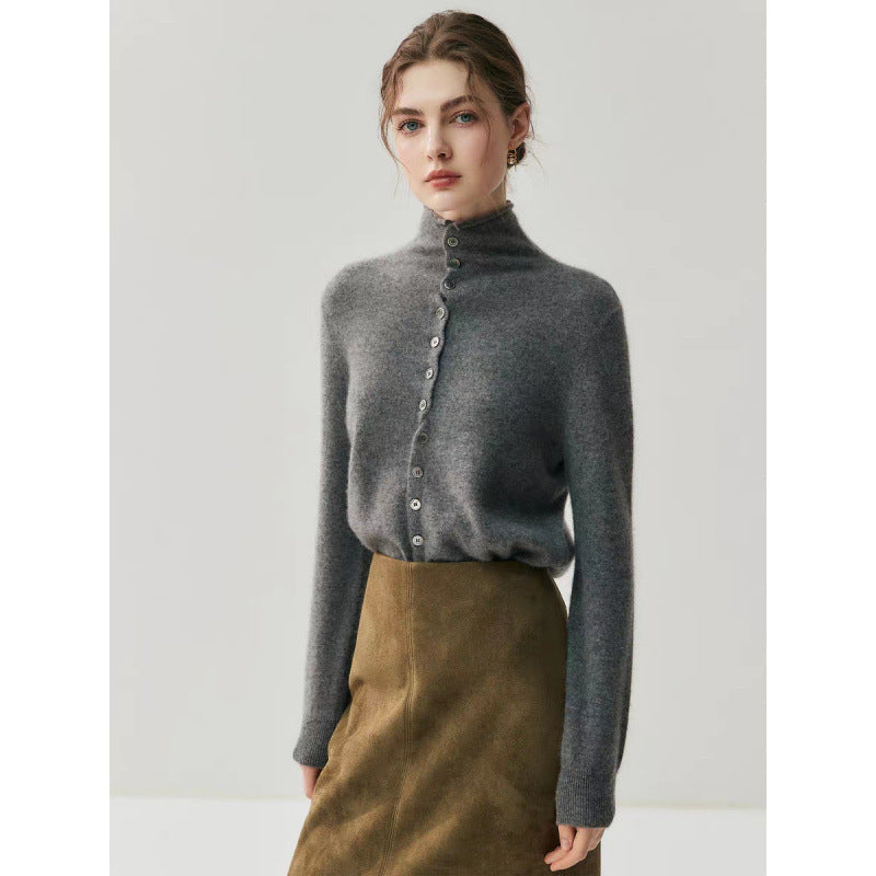 Elephant gray high neck cardigan styled with a skirt