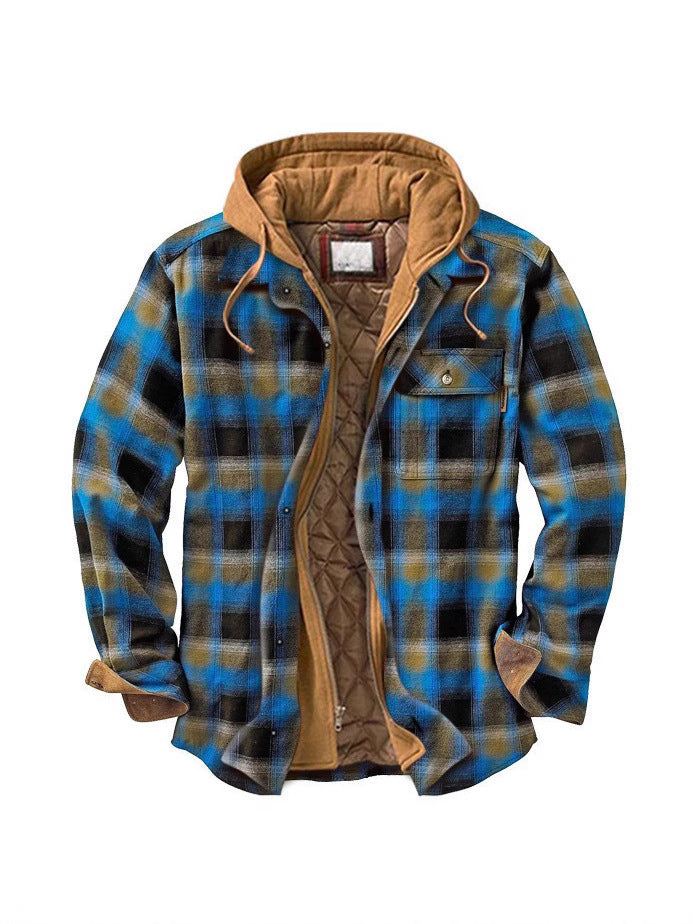Men's plaid hooded jacket in blue and white, front view open showing lining