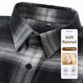 Black plaid flannel shirt collar and button close-up, front view