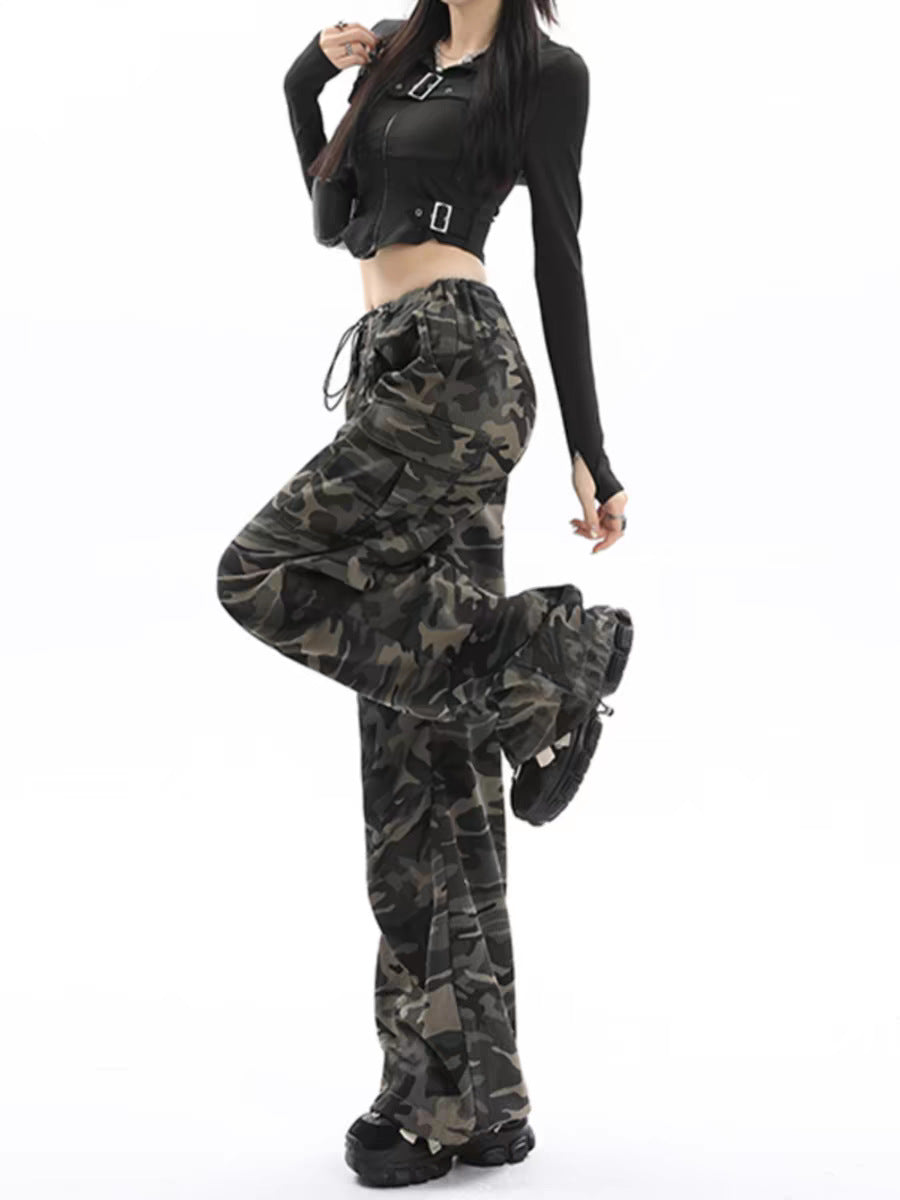 Camouflage women's cargo pants, wide leg high-waisted style, side view