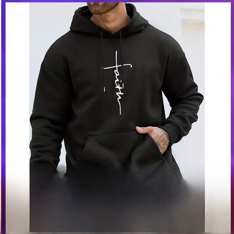 Model wearing faith hoodie in glossy black, hands in kangaroo pocket