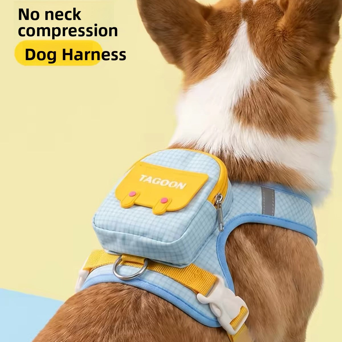 Corgi wearing a light blue no neck compression dog harness with yellow backpack pocket