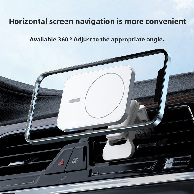 Strong magnetic car wireless charger 15W mounted on dashboard, iPhone in landscape mode for navigation, emphasizing adjustable angle and stability.