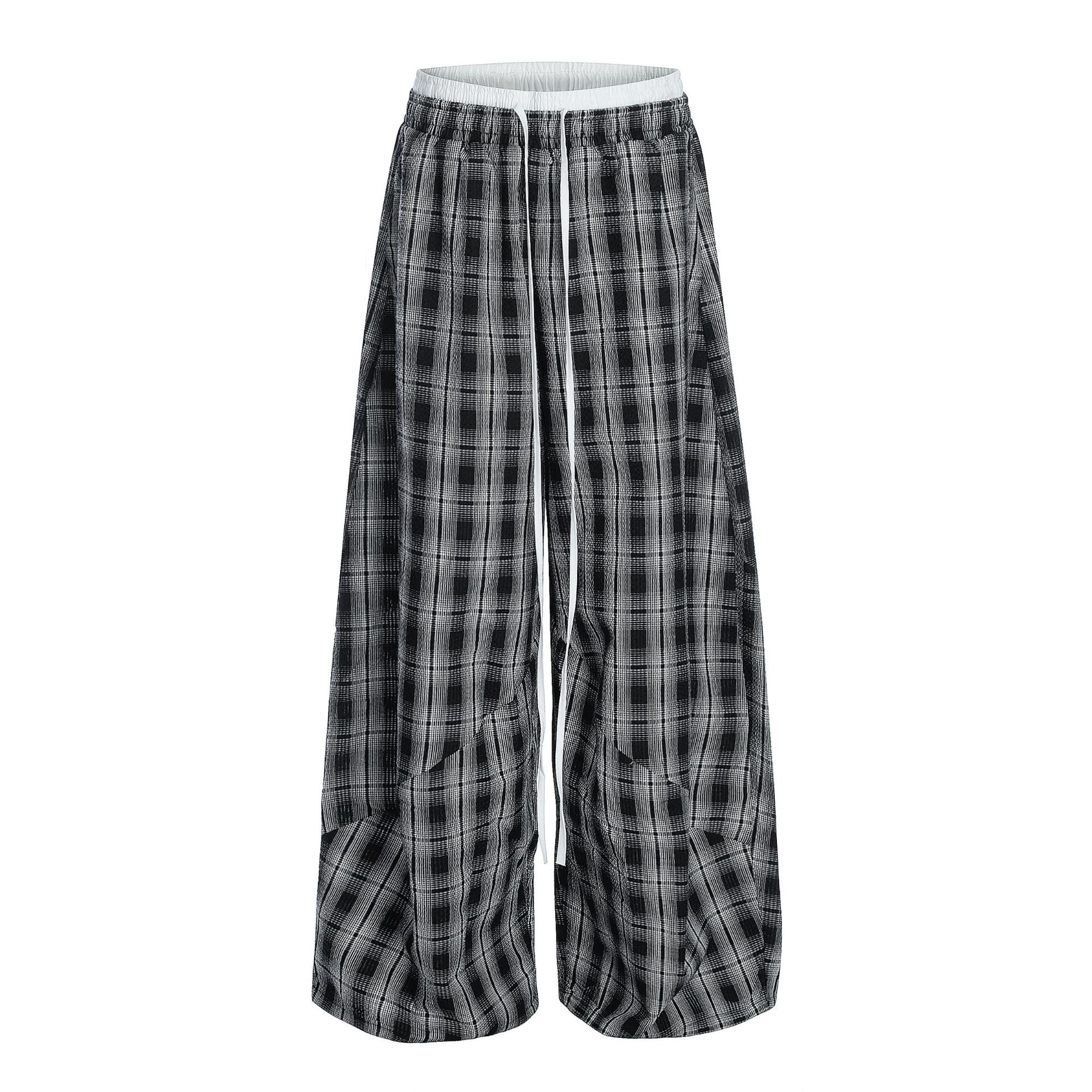 Women’s High Waist Straight Leg Plaid Pants | Black Cotton Trousers