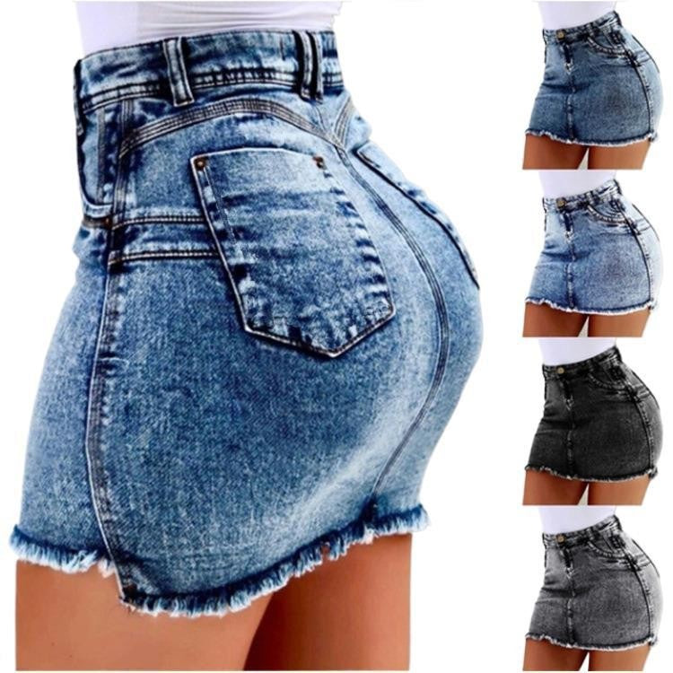 Women’s High Waisted Denim Pencil Skirt – Stretch Fit with Distressed Detail