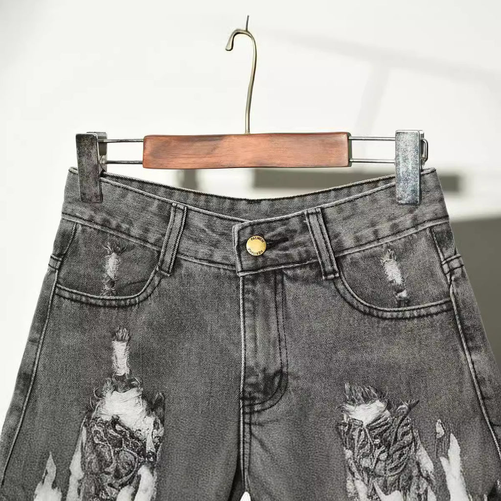 High Waisted Wide Leg Ripped Denim Shorts for Women