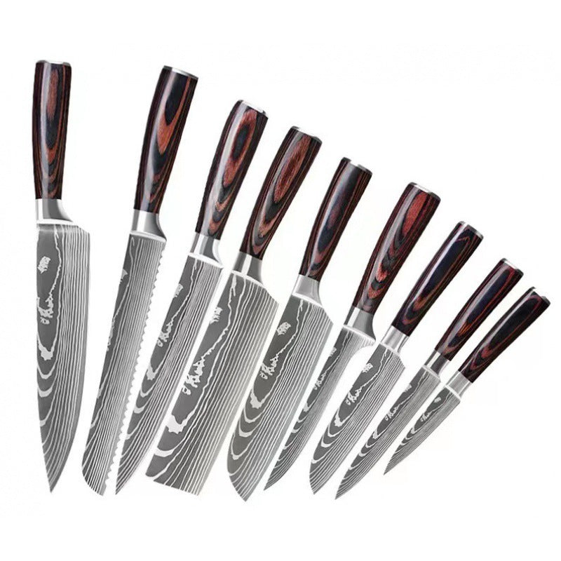 Damascus Kitchen Knife Set with Colored Wood Handles - 5/7/8 Piece Chef Knife Set