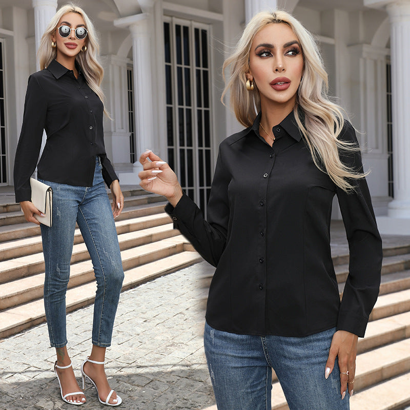 Women's long sleeve button up shirt, side view
