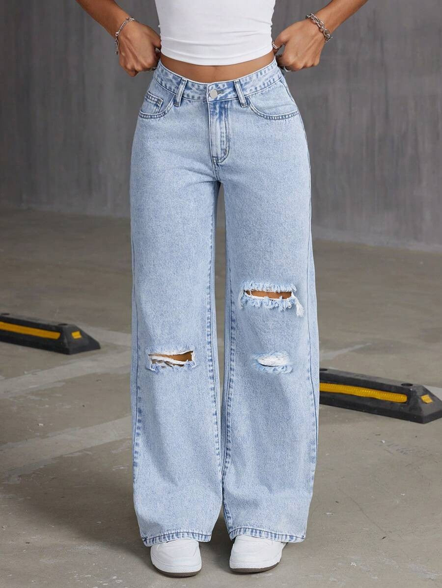 Women’s High Waisted Wide Leg Baggy Jeans – Light Blue Distressed Denim
