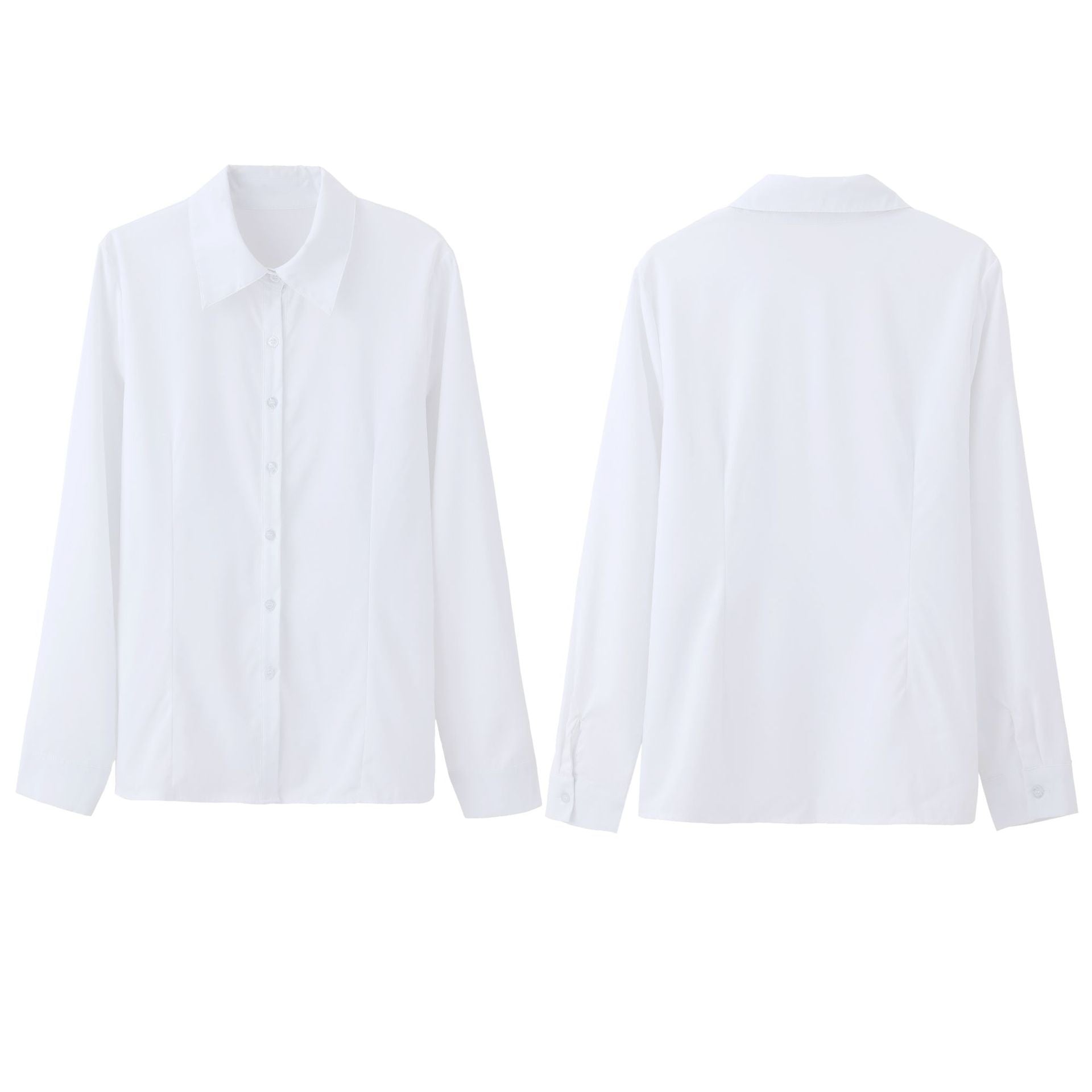 Women's button down shirt in solid color, back view