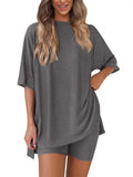 Women’s charcoal grey 2-piece casual short sleeve lounge set relaxed fit side view