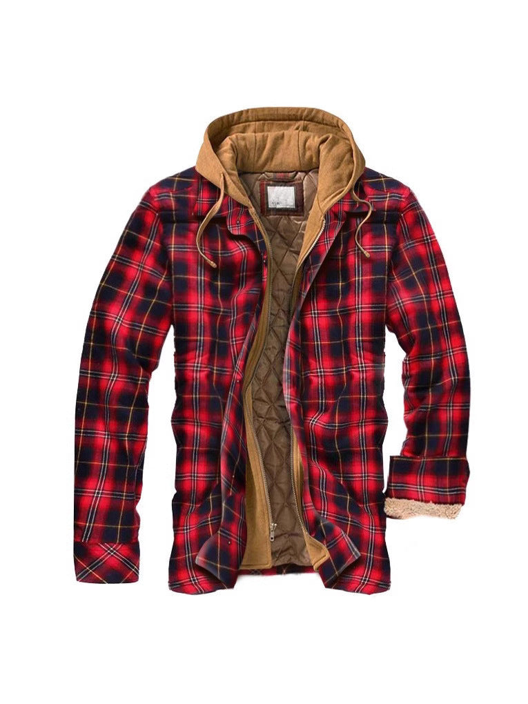 Men's plaid hooded jacket in blue and white, side view