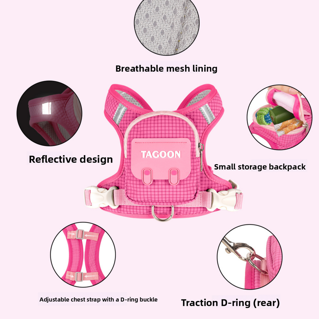 Dog backpack harness feature diagram: breathable mesh lining, reflective design, small storage backpack, adjustable chest strap, rear D-ring