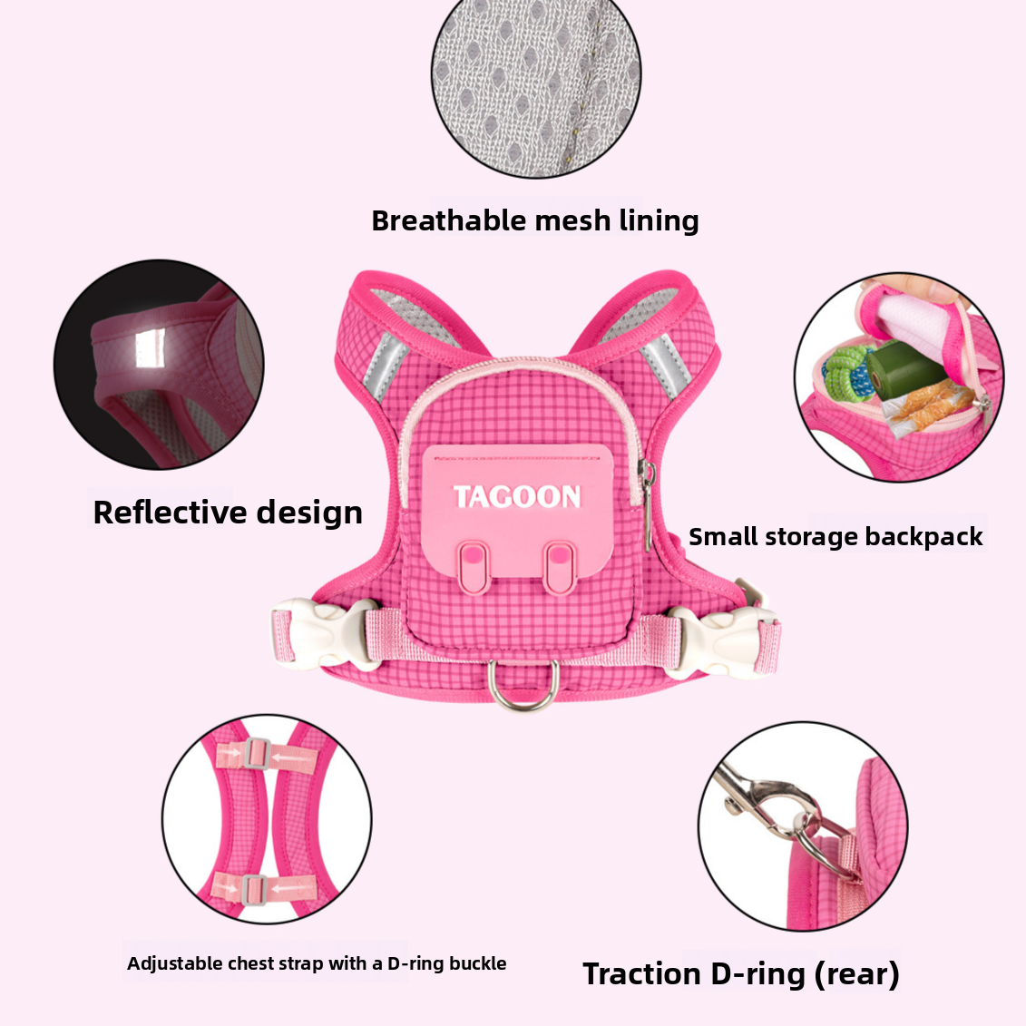 Dog backpack harness feature diagram: breathable mesh lining, reflective design, small storage backpack, adjustable chest strap, rear D-ring