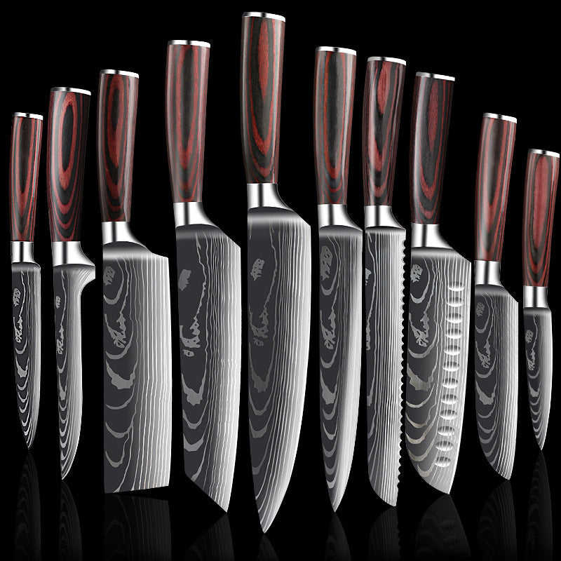 Damascus Kitchen Knife Set with Colored Wood Handles - 5/7/8 Piece Chef Knife Set