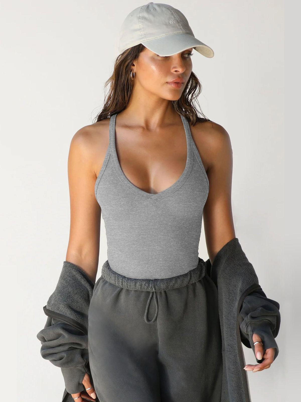 Ribbed v-neck tank top in Black, front view