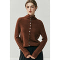 Walnut brown high neck cardigan, close-up front view