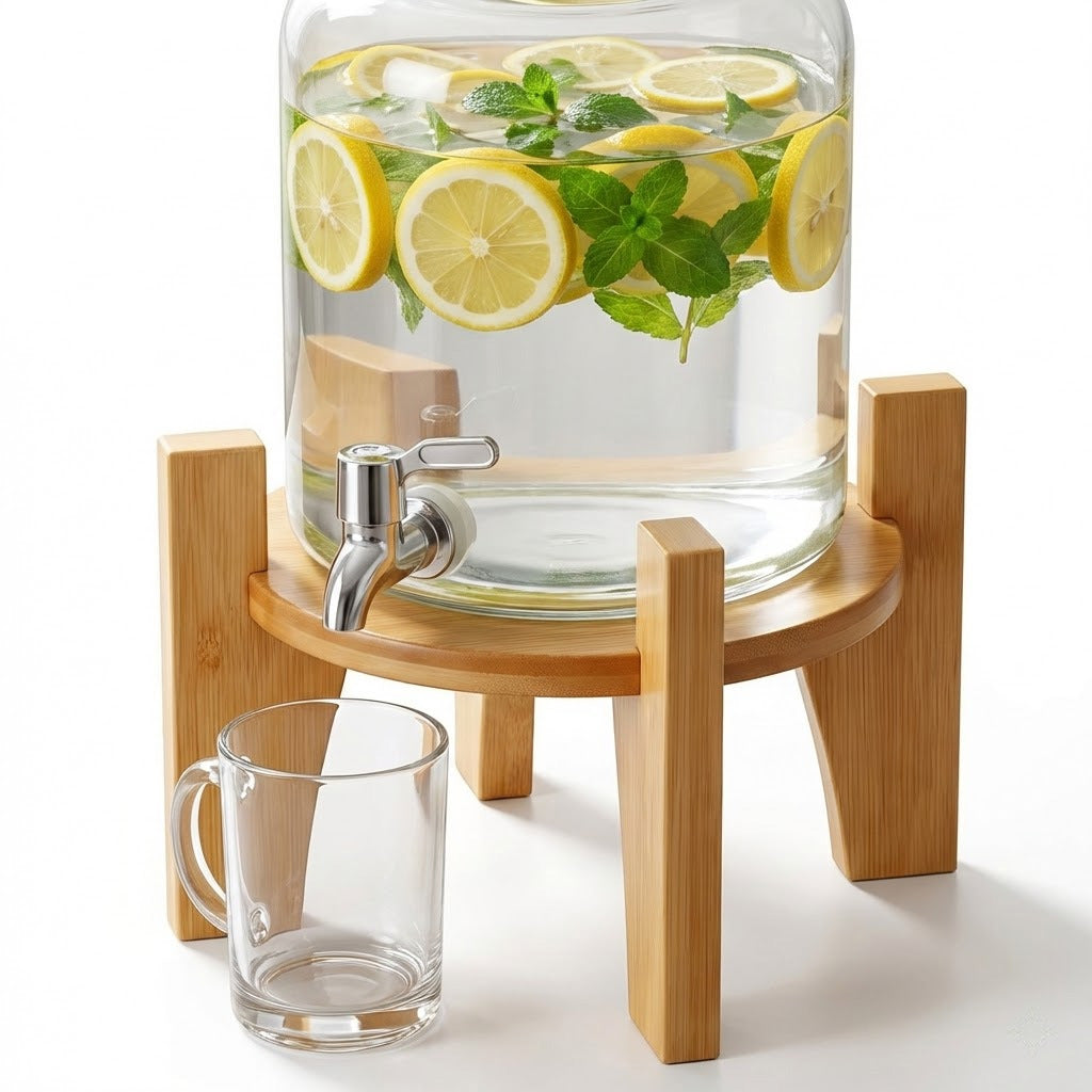 Glass drink dispenser with lemon and mint on a bamboo four-leg beverage dispenser stand with a glass mug beside it