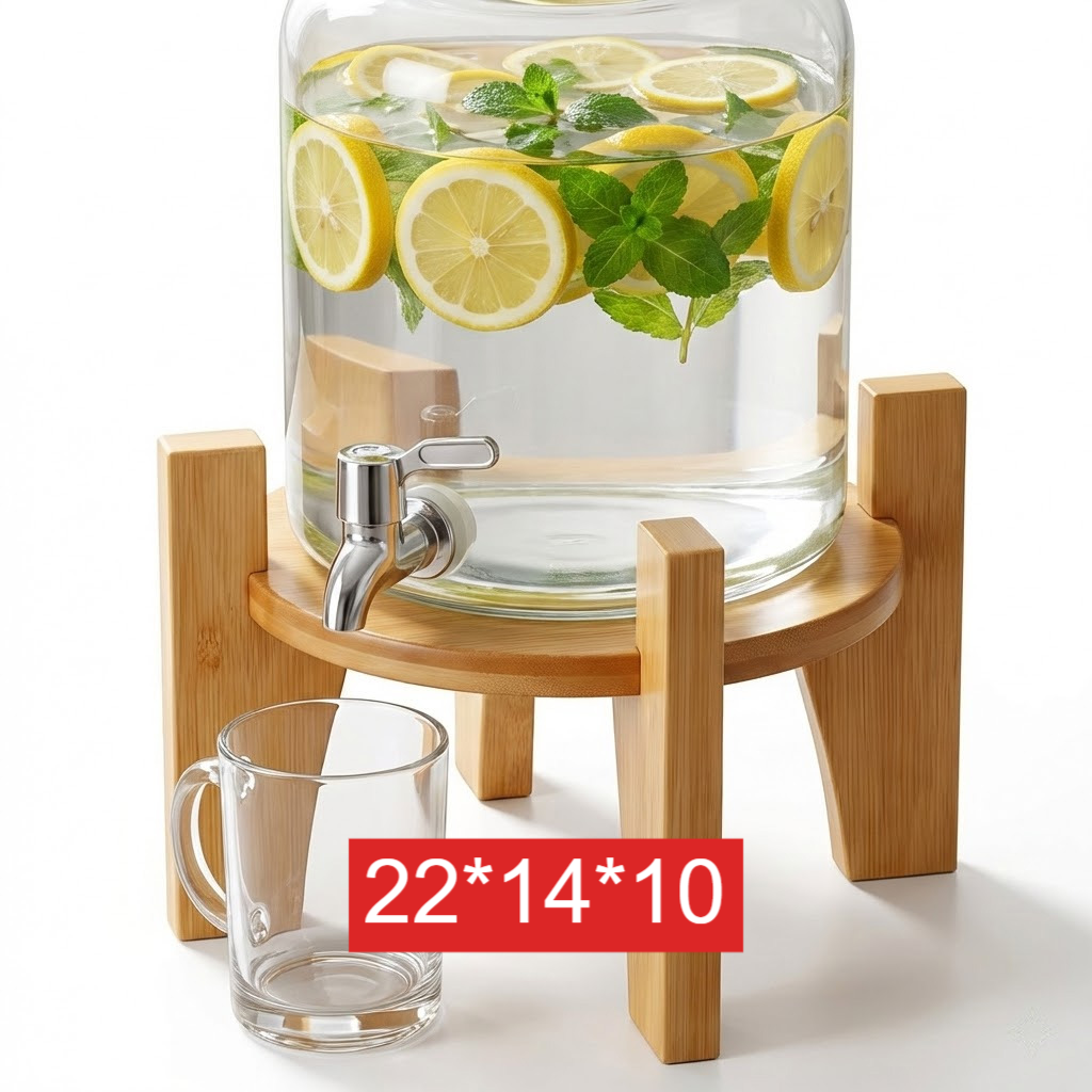 Bamboo drink dispenser stand in size 22 x 14 x 10 cm holding a glass dispenser filled with lemon water