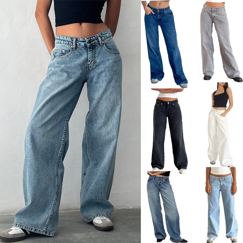 Women’s Low Rise Straight Leg Jeans – Vintage Washed Denim