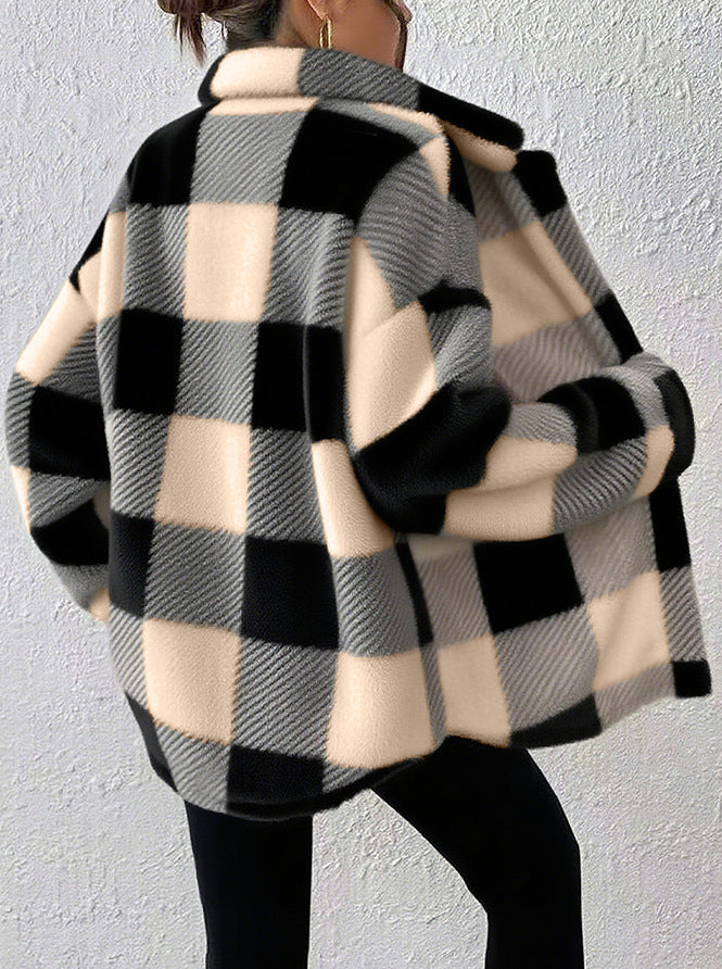 Women's plaid plush shacket in black apricot, front view