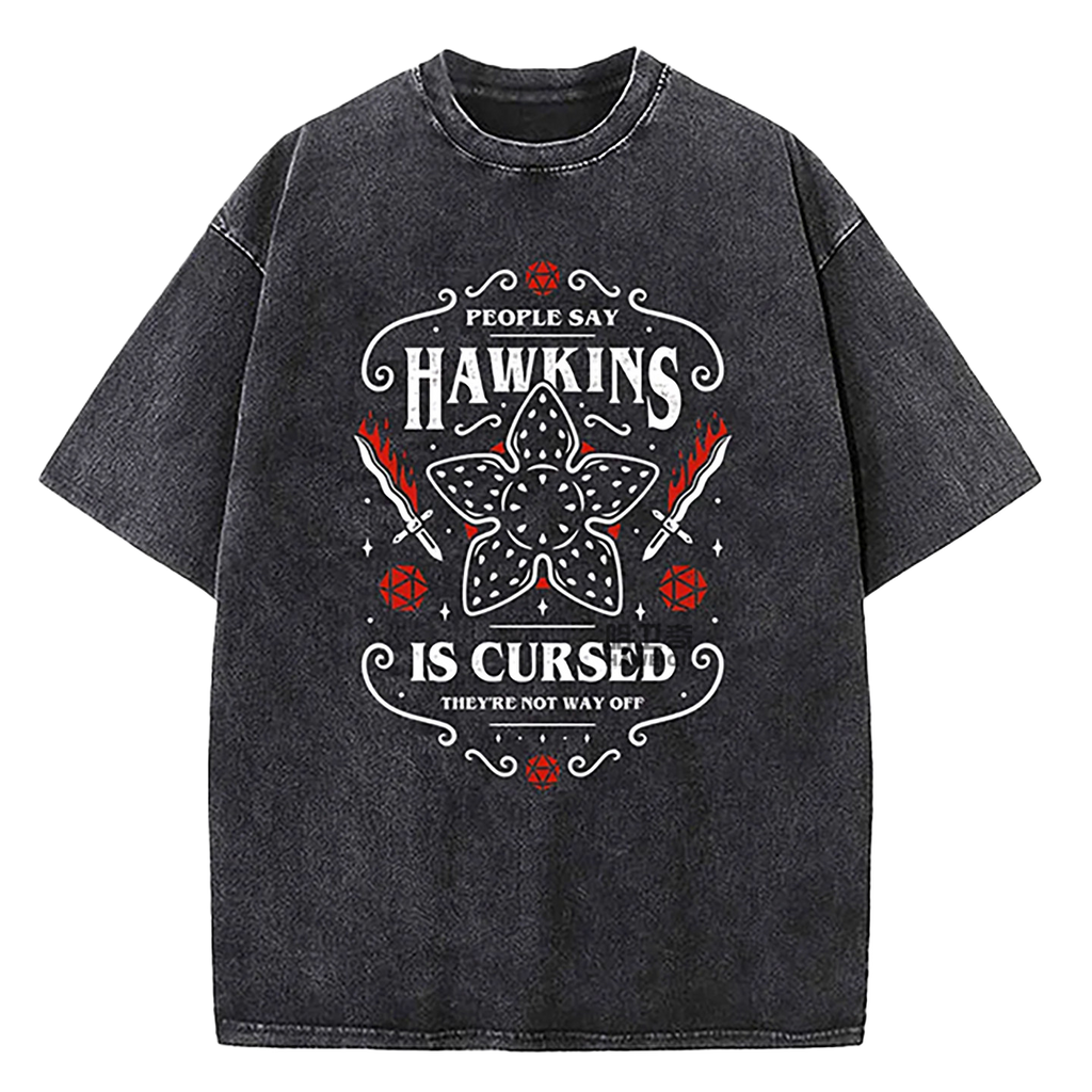 Stranger Things Washed T-Shirt Hawkins University Est 1983 Vintage Graphic Tee Black Over Zized