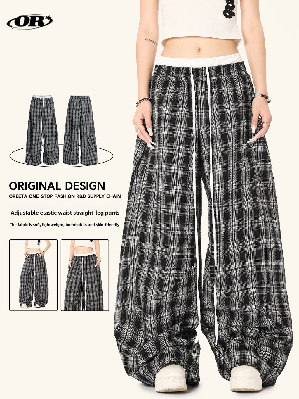 Women’s High Waist Straight Leg Plaid Pants | Black Cotton Trousers
