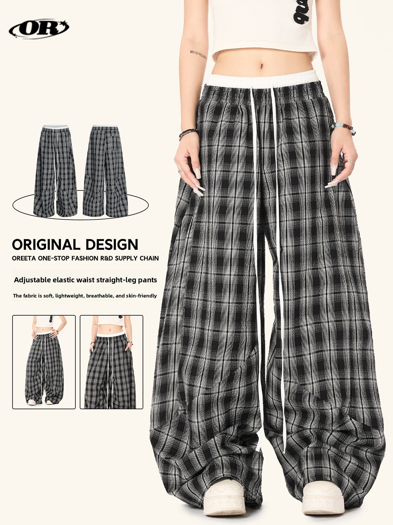Women’s High Waist Straight Leg Plaid Pants | Black Cotton Trousers
