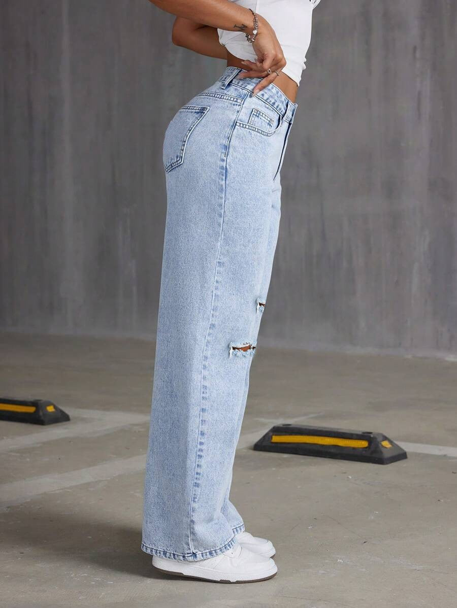Women’s High Waisted Wide Leg Baggy Jeans – Light Blue Distressed Denim