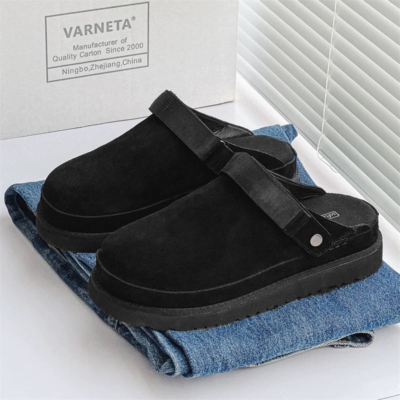 Women’s black fleece lined cork clogs with genuine leather upper and Velcro closure