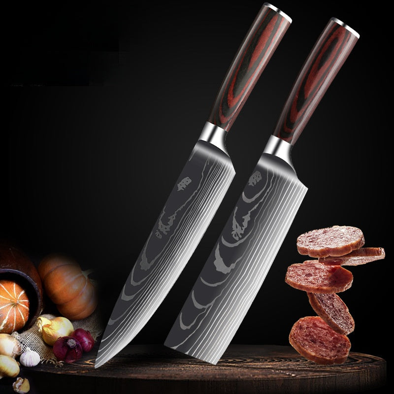 Damascus Kitchen Knife Set with Colored Wood Handles - 5/7/8 Piece Chef Knife Set