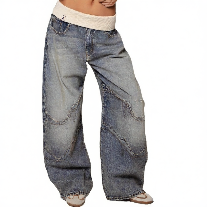 Washed Blue Baggy Jeans – Retro Flipped Waist with Chain Detail, Loose Fit Streetwear Denim
