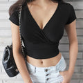 Wrap crop top in khaki, front view