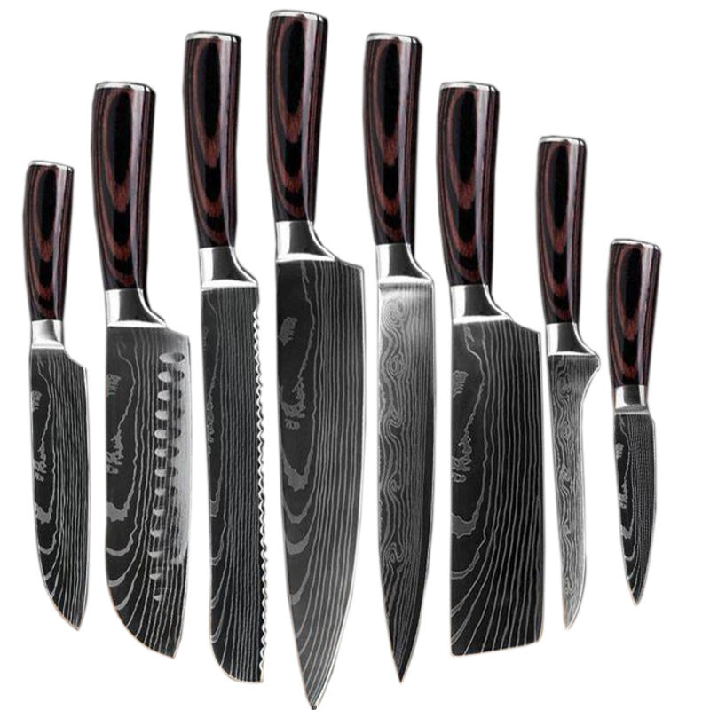 Damascus Kitchen Knife Set with Colored Wood Handles - 5/7/8 Piece Chef Knife Set