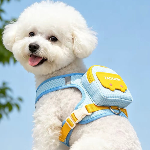 White fluffy dog wearing a light blue breathable dog backpack harness with yellow storage pocket