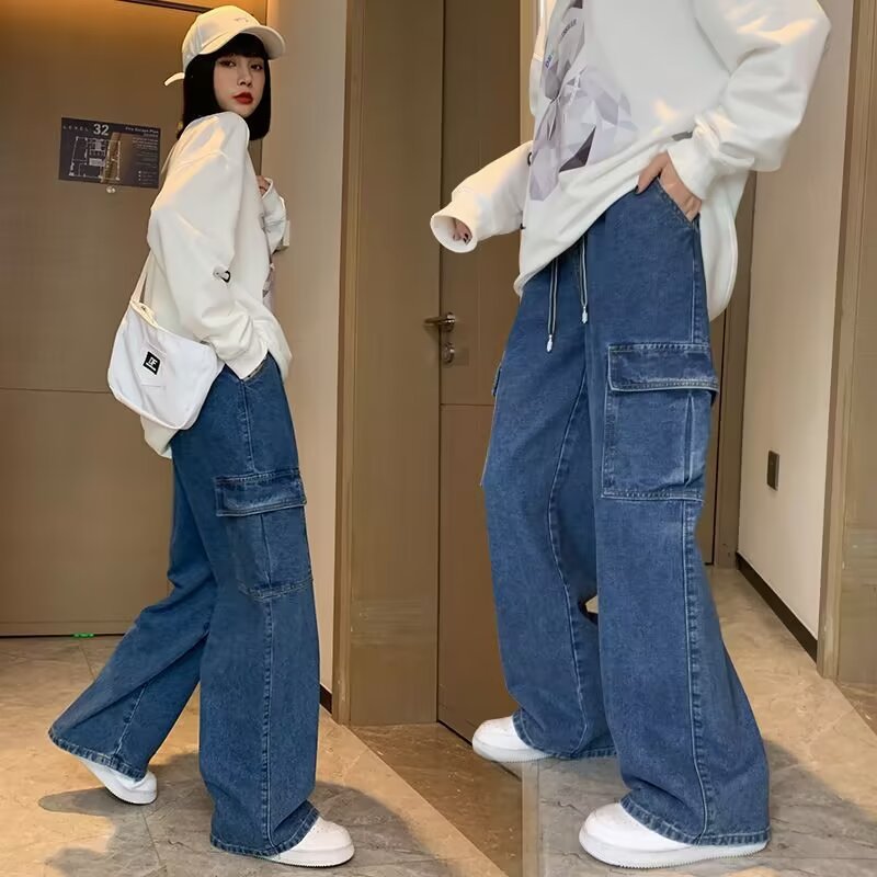 Women’s Wide Leg Cargo Jeans – Baggy Retro Streetwear Denim Pants