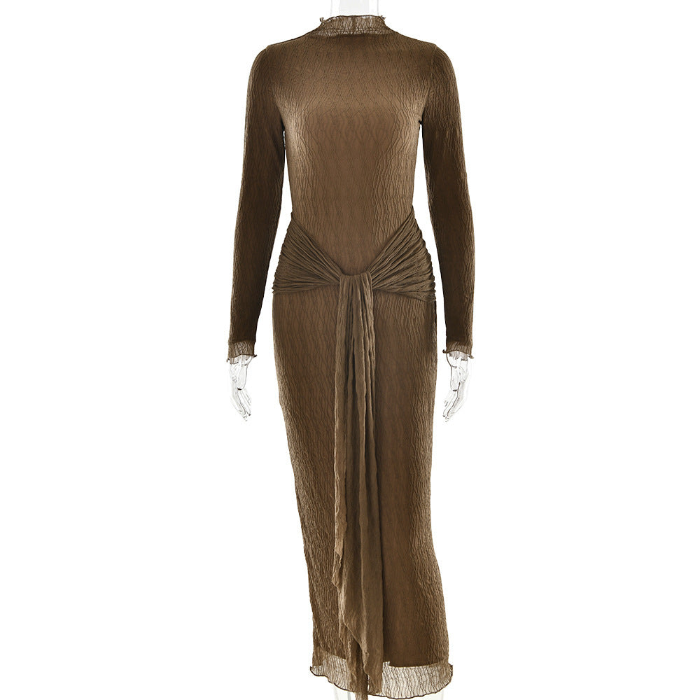 Long-Sleeve Solid-Color Fashionable and Sexy Pleated Fitted Long Dress