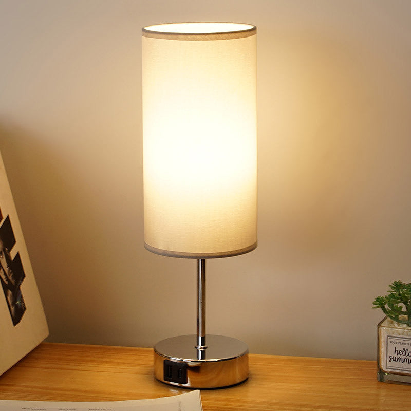 3-Speed Touch Dimmable Wood Grain Bedside Table Lamp - Fabric Shade Nightstand Light, Tabletop Plug-in
