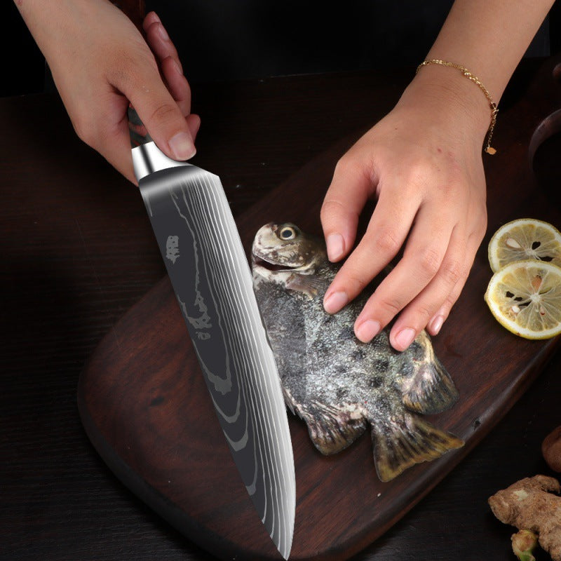 Damascus Kitchen Knife Set with Colored Wood Handles - 5/7/8 Piece Chef Knife Set