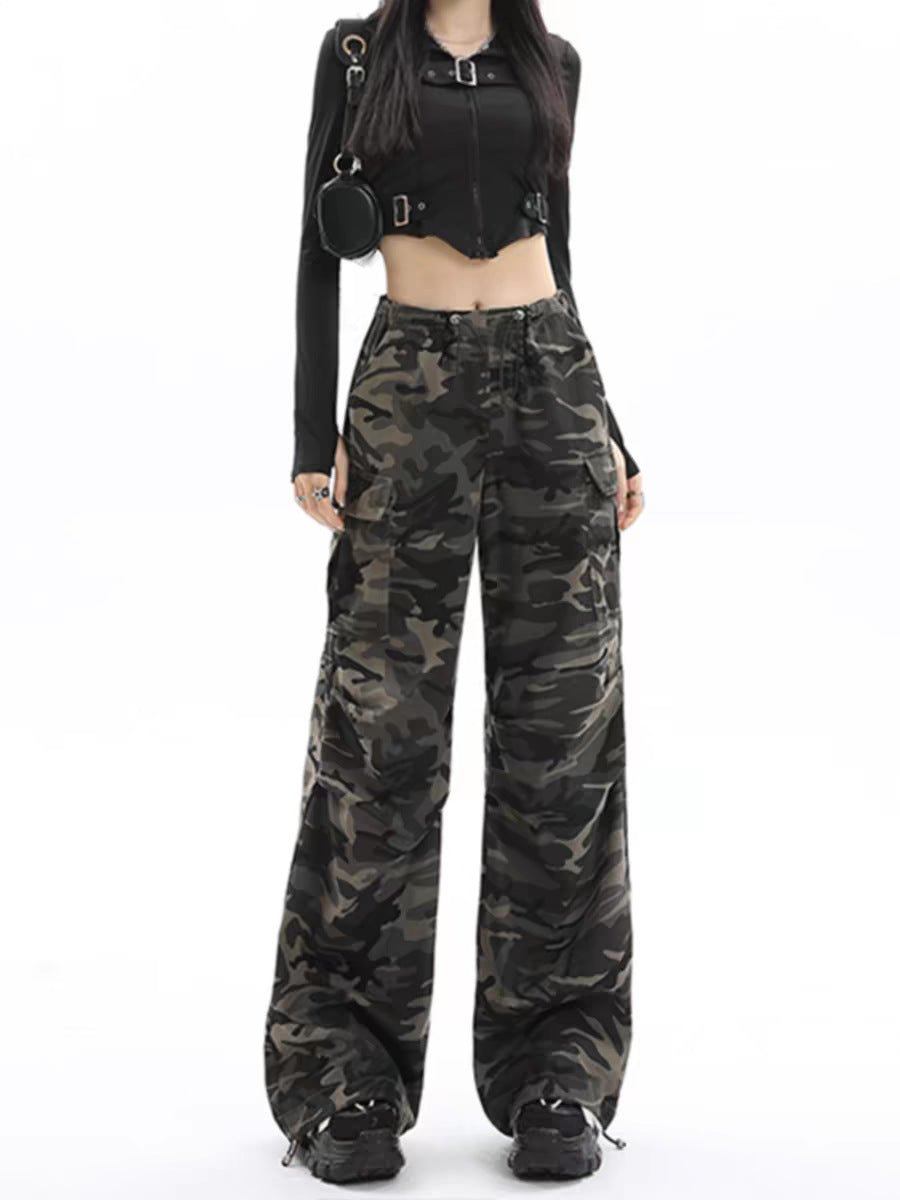 Camouflage women's cargo pants, wide leg high-waisted style, front view