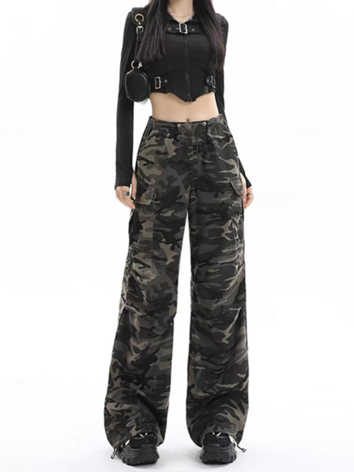 Camouflage women's cargo pants, wide leg high-waisted style, front view