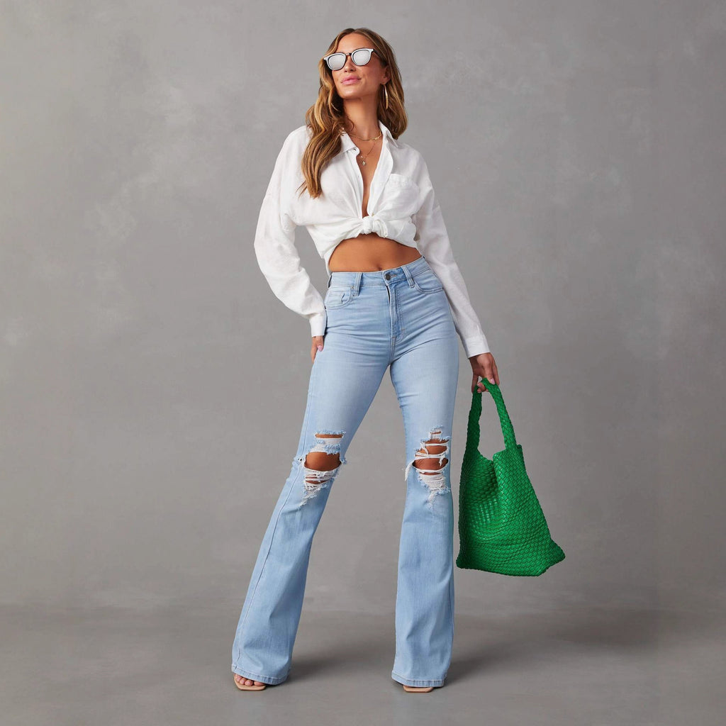Women’s High Waisted Ripped Flared Jeans - Distressed Bell Bottom Flare Trousers