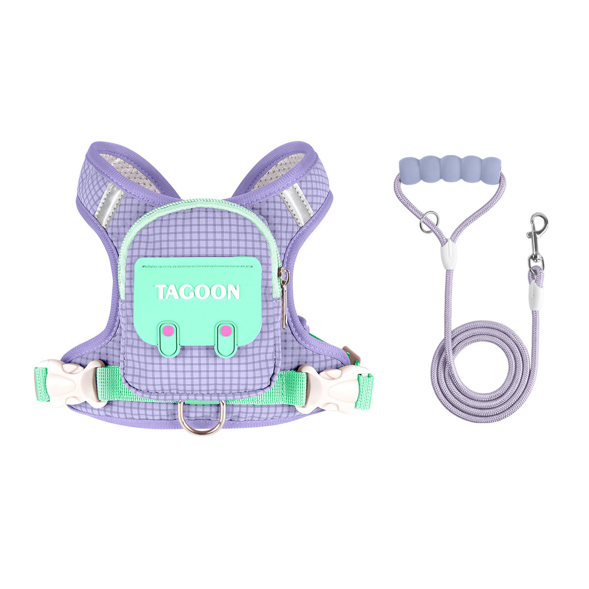 Purple dog backpack harness with lavender bubble cotton leash set