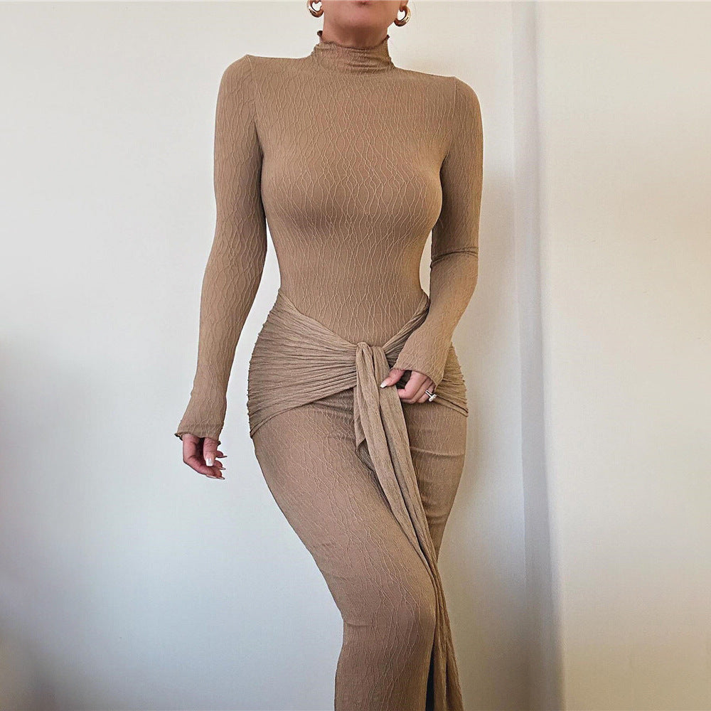 Women’s Long Sleeve Fitted Pleated Maxi Dress - Mock Neck Bodycon High Waisted Solid Brown Sexy Long Dress