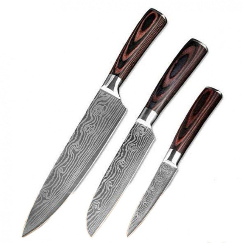 Damascus Kitchen Knife Set with Colored Wood Handles - 5/7/8 Piece Chef Knife Set