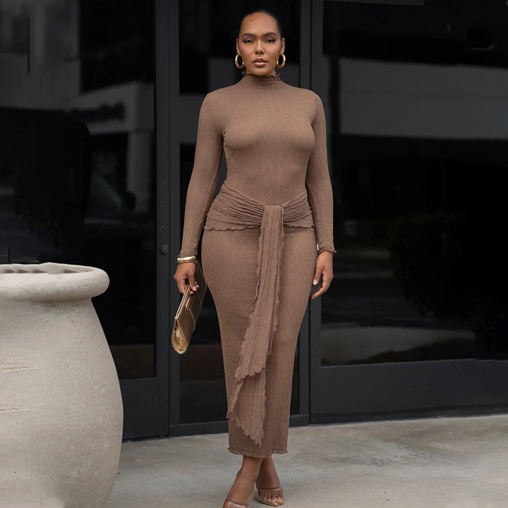 Women’s Long Sleeve Fitted Pleated Maxi Dress - Mock Neck Bodycon High Waisted Solid Brown Sexy Long Dress