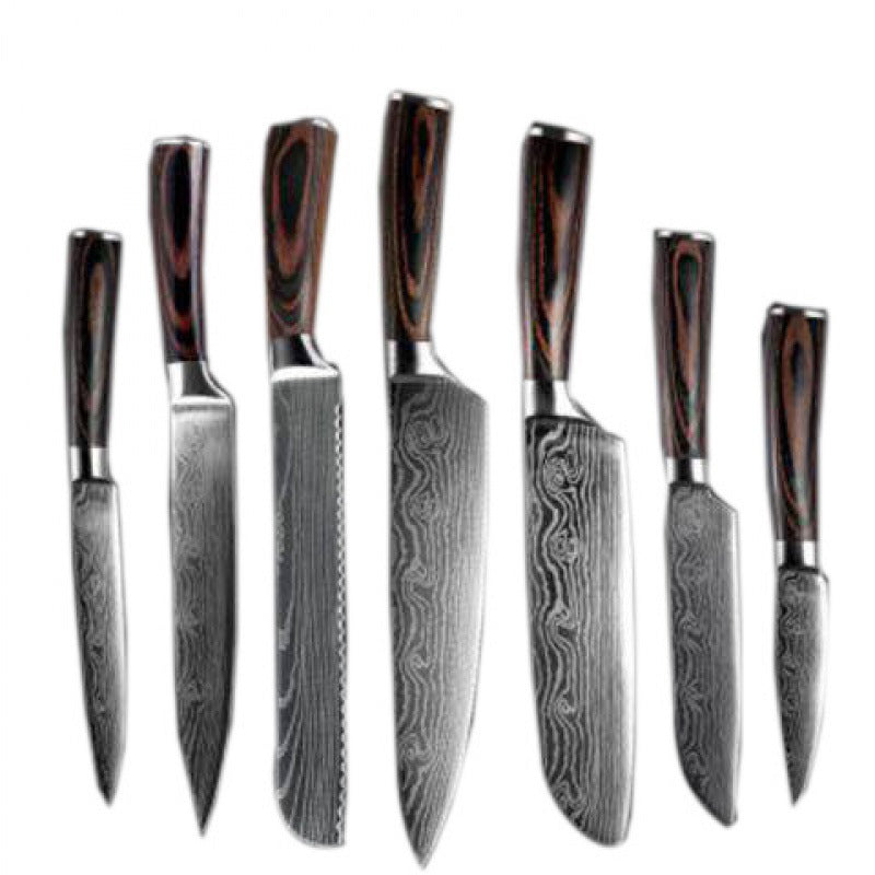 Damascus Kitchen Knife Set with Colored Wood Handles - 5/7/8 Piece Chef Knife Set