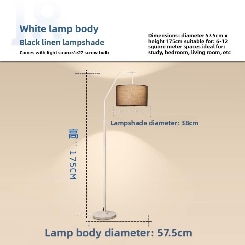 Dimension diagram of modern Nordic arc floor lamp with white body and black linen shade, height 172.5cm and base 57.5cm.